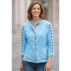 Multiples Blue Grommet Embellished Linen Jacket Zip Up with Pockets Size PS
